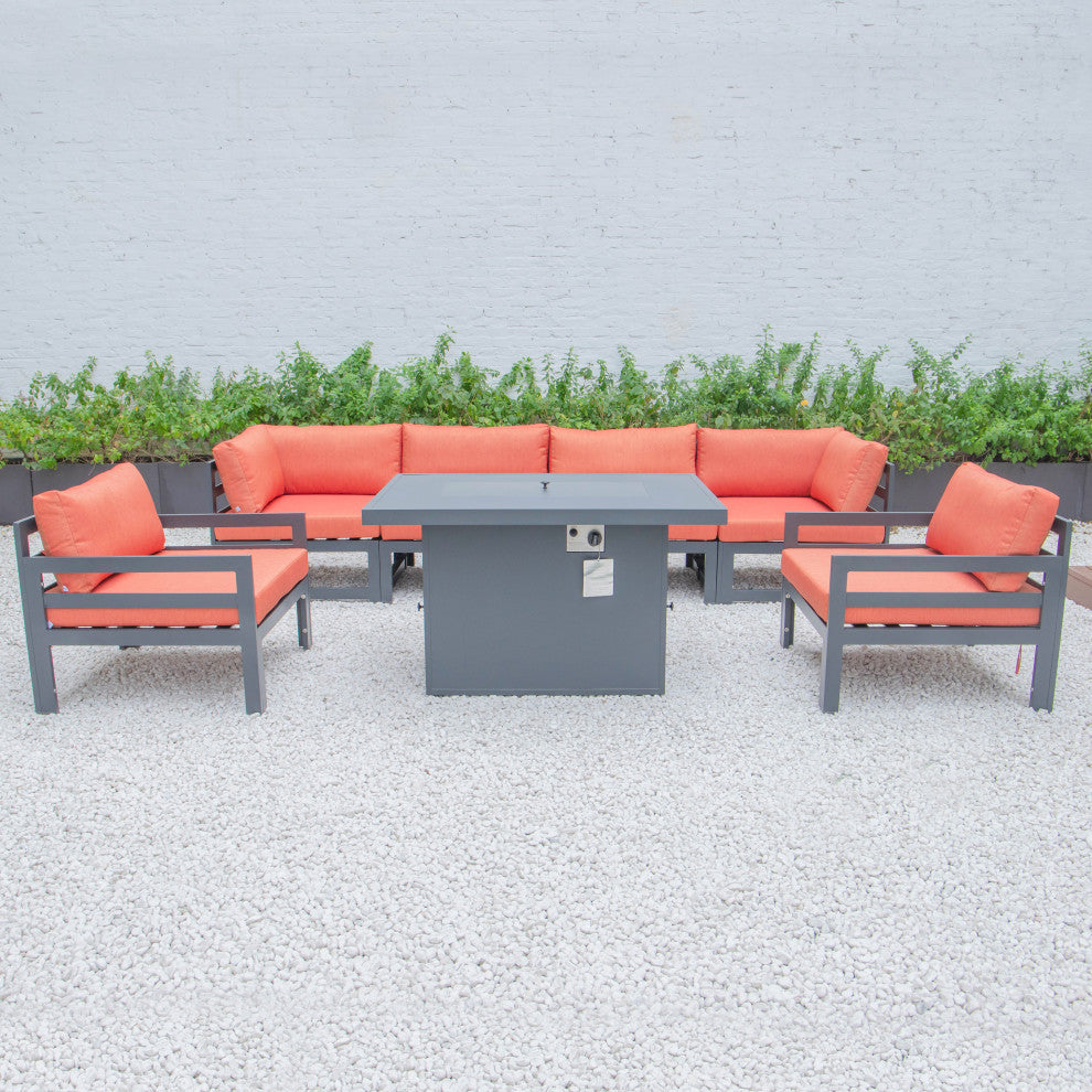 LeisureMod Chelsea 7-Piece Outdoor Sectional With Fire Pit Table, Orange
