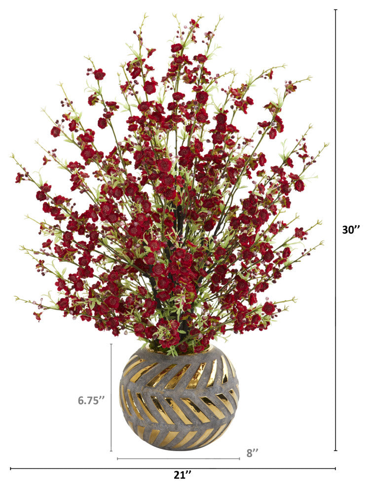 30" Cherry Blossom Artificial Arrangement, Stoneware Vase With Gold Trimming