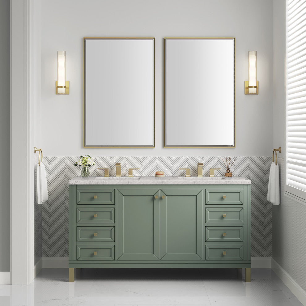 Chicago 60" Double Vanity, Smokey Celadon, Eternal Jasmine Pearl Quartz