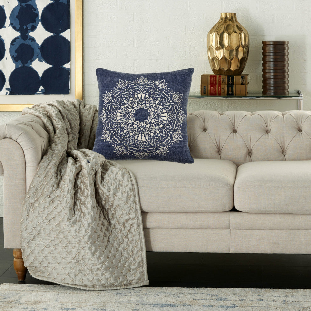 Intricate Medallion Cotton Throw Pillow, Navy