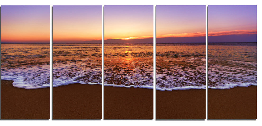 "Orange Tinged Sea Waters At Sunset" Beach Canvas Wall Art, 5 Panels, 60"x28"