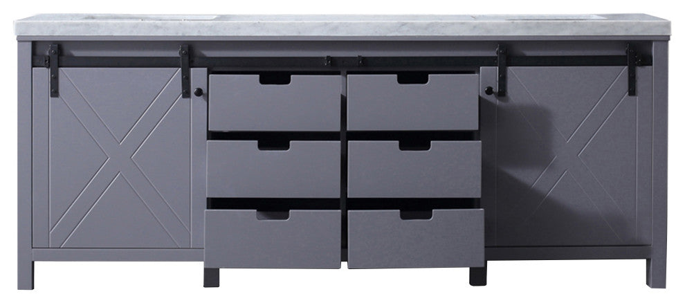 Marsyas 84" Dark Gray Double Vanity, White Marble Top, White Sinks, No Mirror
