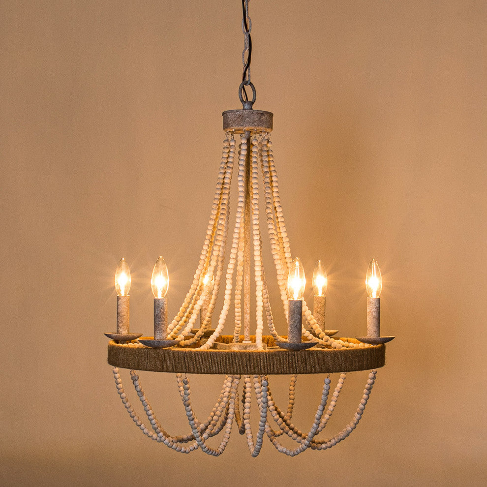 23.6 in Farmhouse 6-Light Wooden Beaded Candle Chandelier