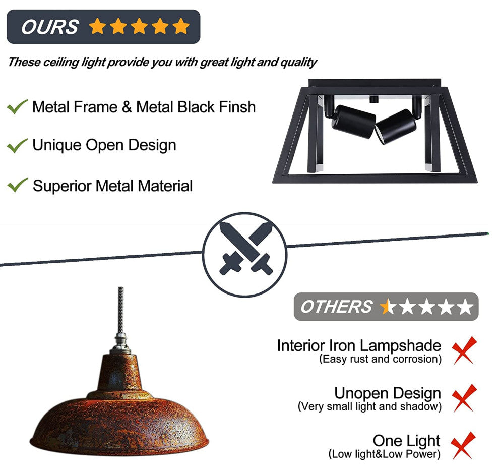 2 Pack, Black, 2 Light Ceiling Lamp, Farmhouse