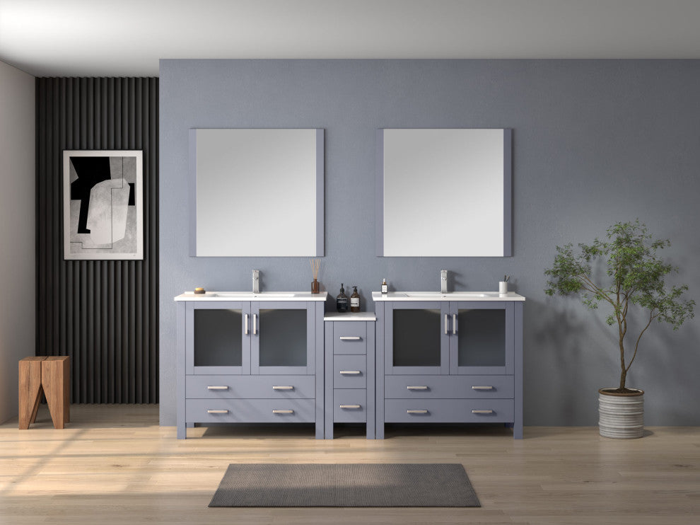 Lexora Volez 84" Vanity Cabinet, Dark Gray, Top, Mirror, 4 Doors 7 Drawers