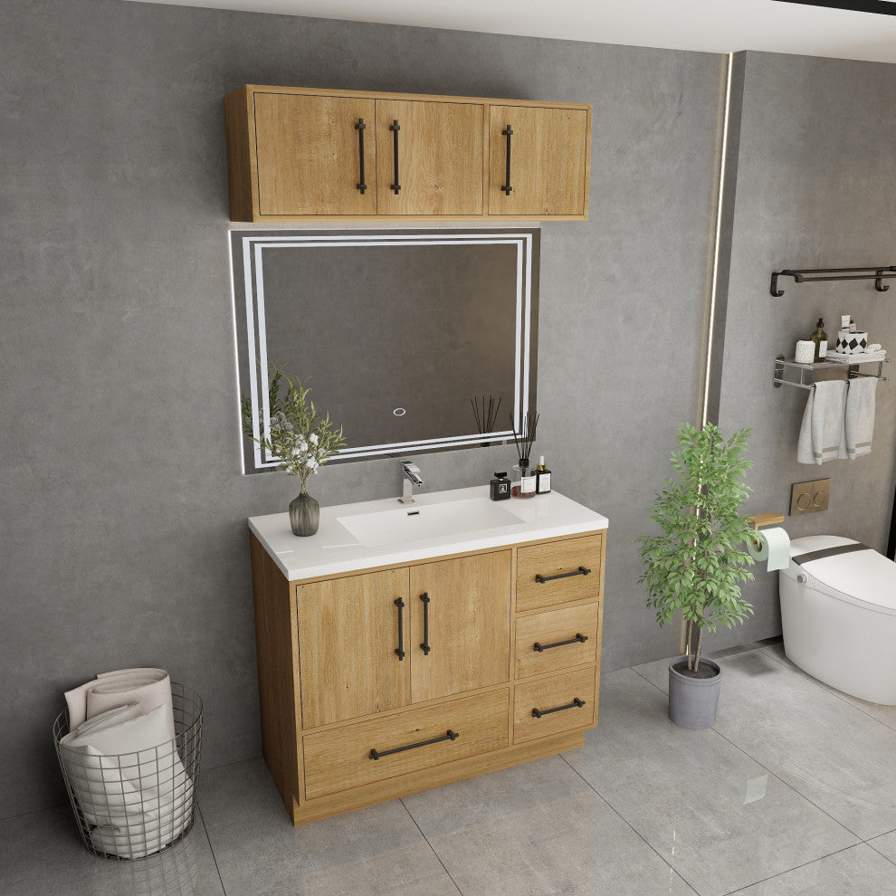Victoria 42" Solid Wood Bath Vanity, Overhead Cabinet, Oak