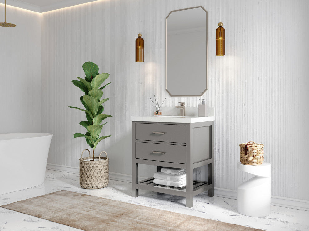 Parker 30 Single Sink Bath Vanity in Elephant Skin Gray  2" Carrara Quartz