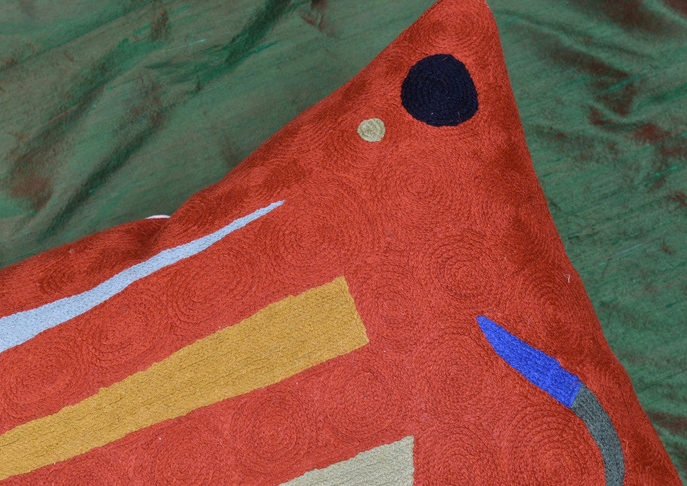Kandinsky Orange Pillow Cover Needlepoint Accent Pillows Handmade Wool 18x18"