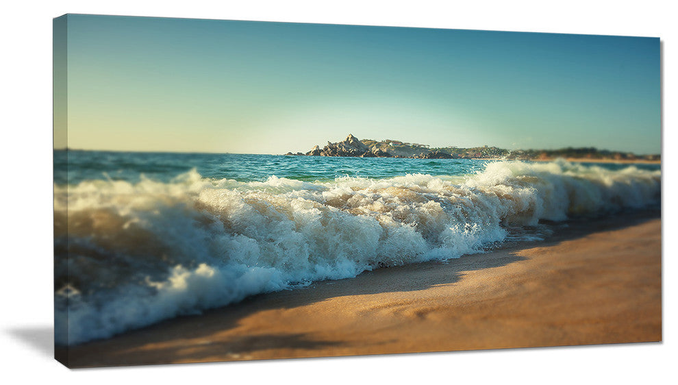 "Stormy Waves Hitting Beach Sand" Modern Beach Canvas Art Print, 32"x16"