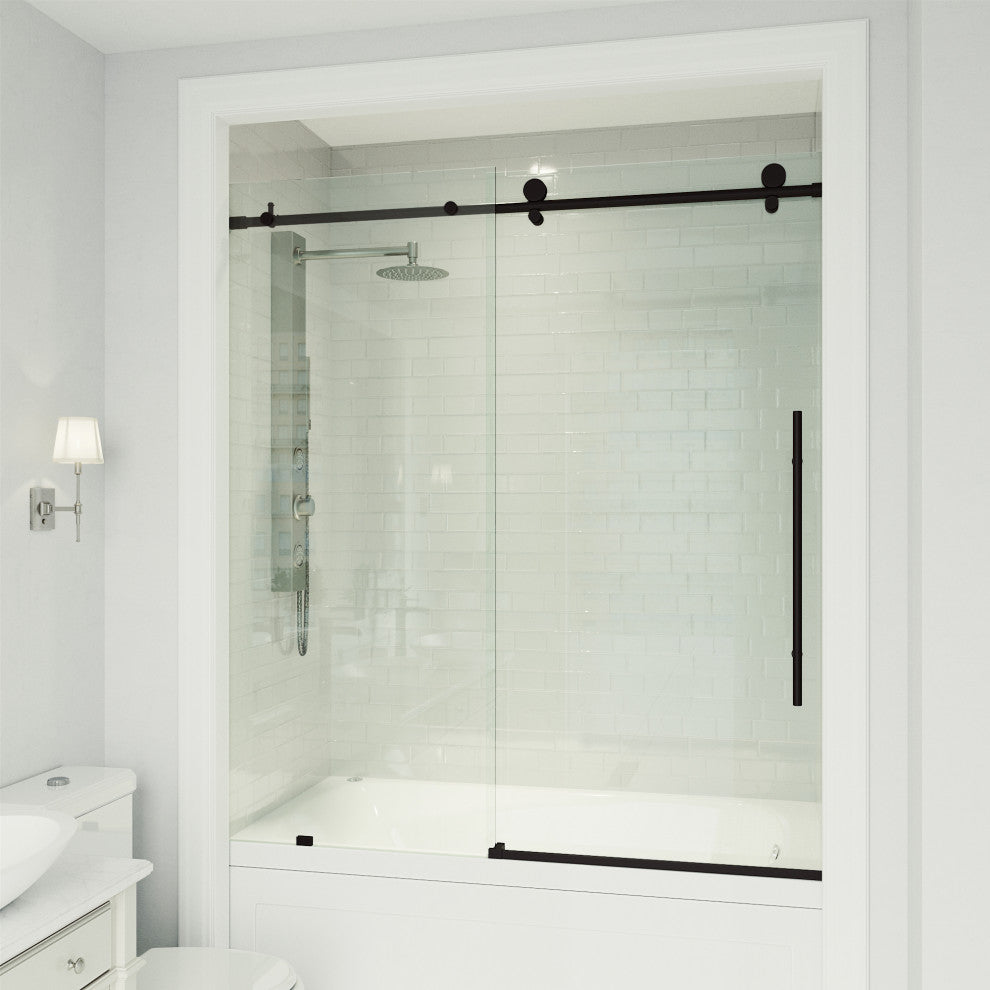 VIGO Elan E-Class 56" to 60" W x 66" H Frameless Sliding Tub Door, Matte Black, Clear Glass