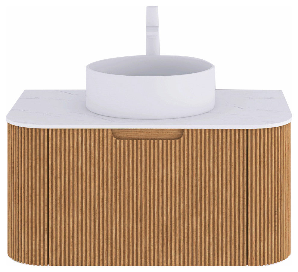 Wall-Mounted Bathroom Vanity With White Round Ceramic Basin, Natural Wood, 30"