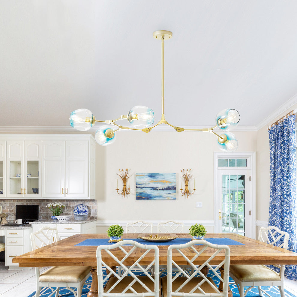 8-Light Adjustable Colorful Glass Shades Chandelier Pendant,Clear Glass Shades, Blue, 5 Light