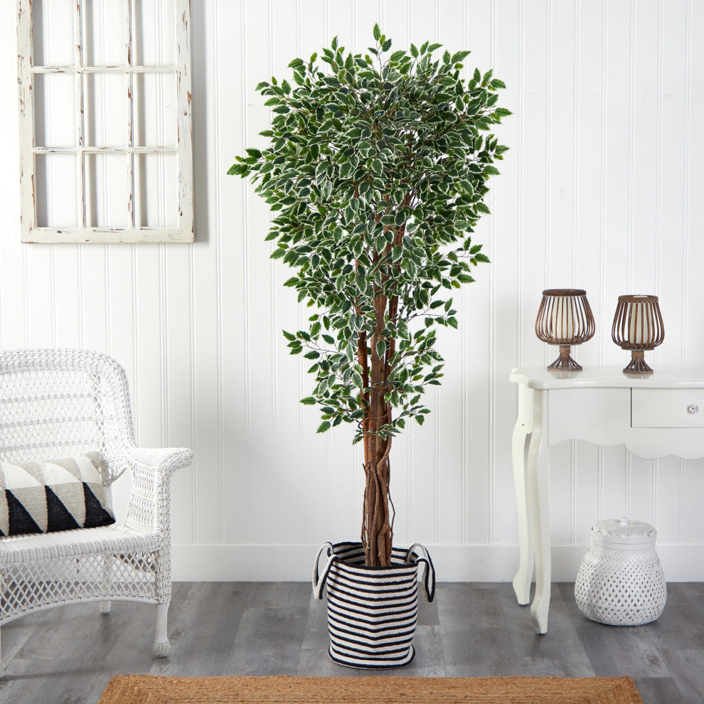 70" Variegated Ficus Faux Tree, Handmade Natural Jute & Cotton Planter