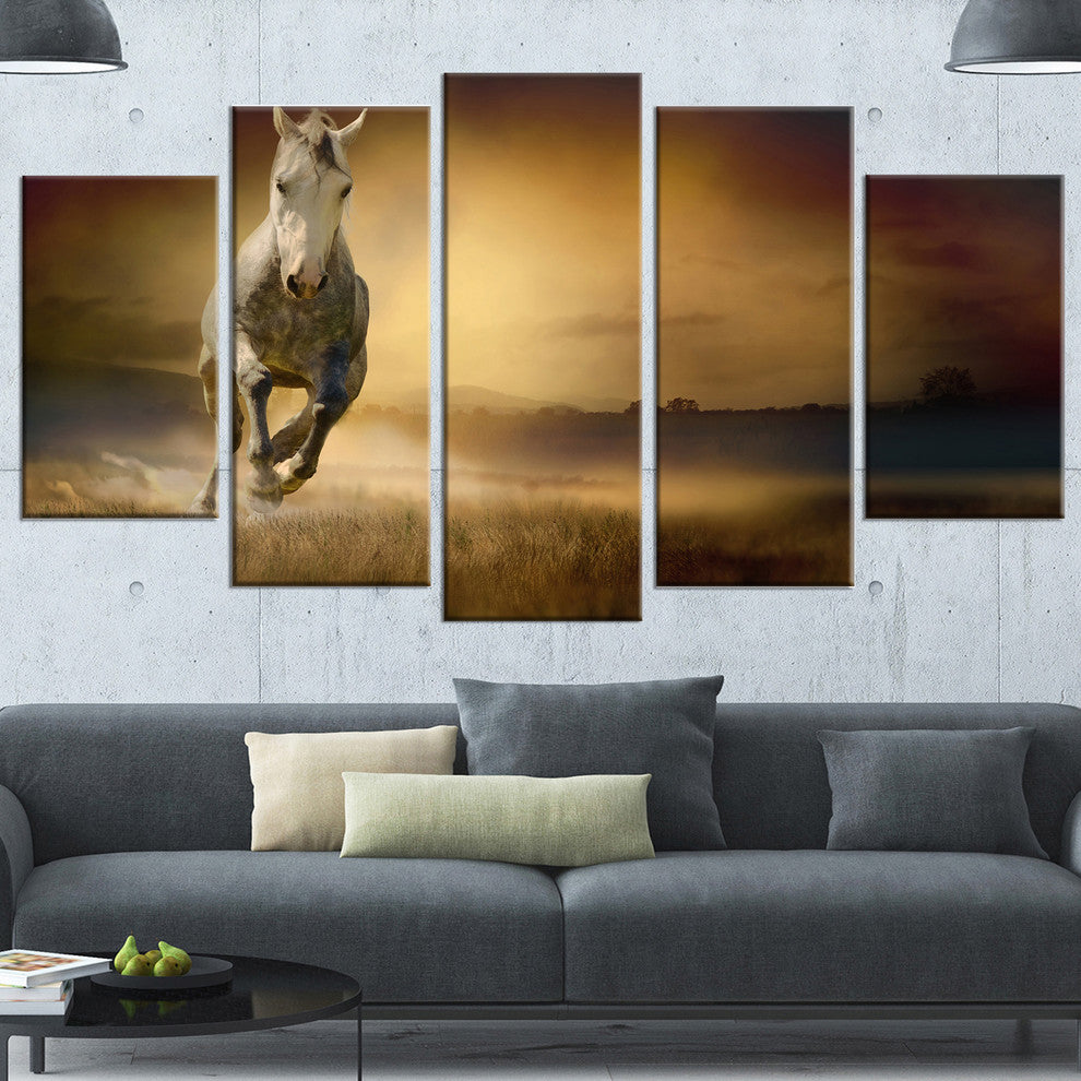 Horse Galloping Through Valley, Animal Canvas Wall Art, 60"x32", 5 Panels