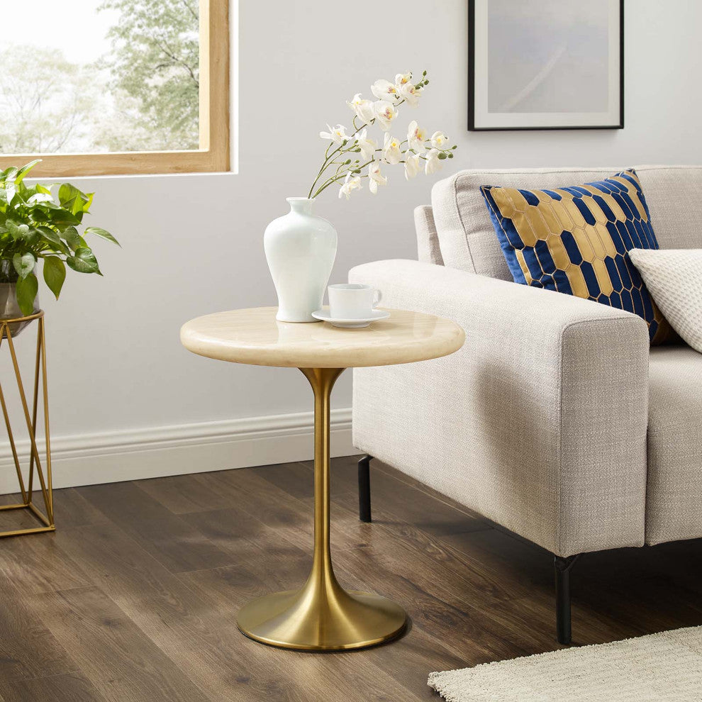 Lippa 20" Round Artificial Travertine Side Table, Gold Travertine