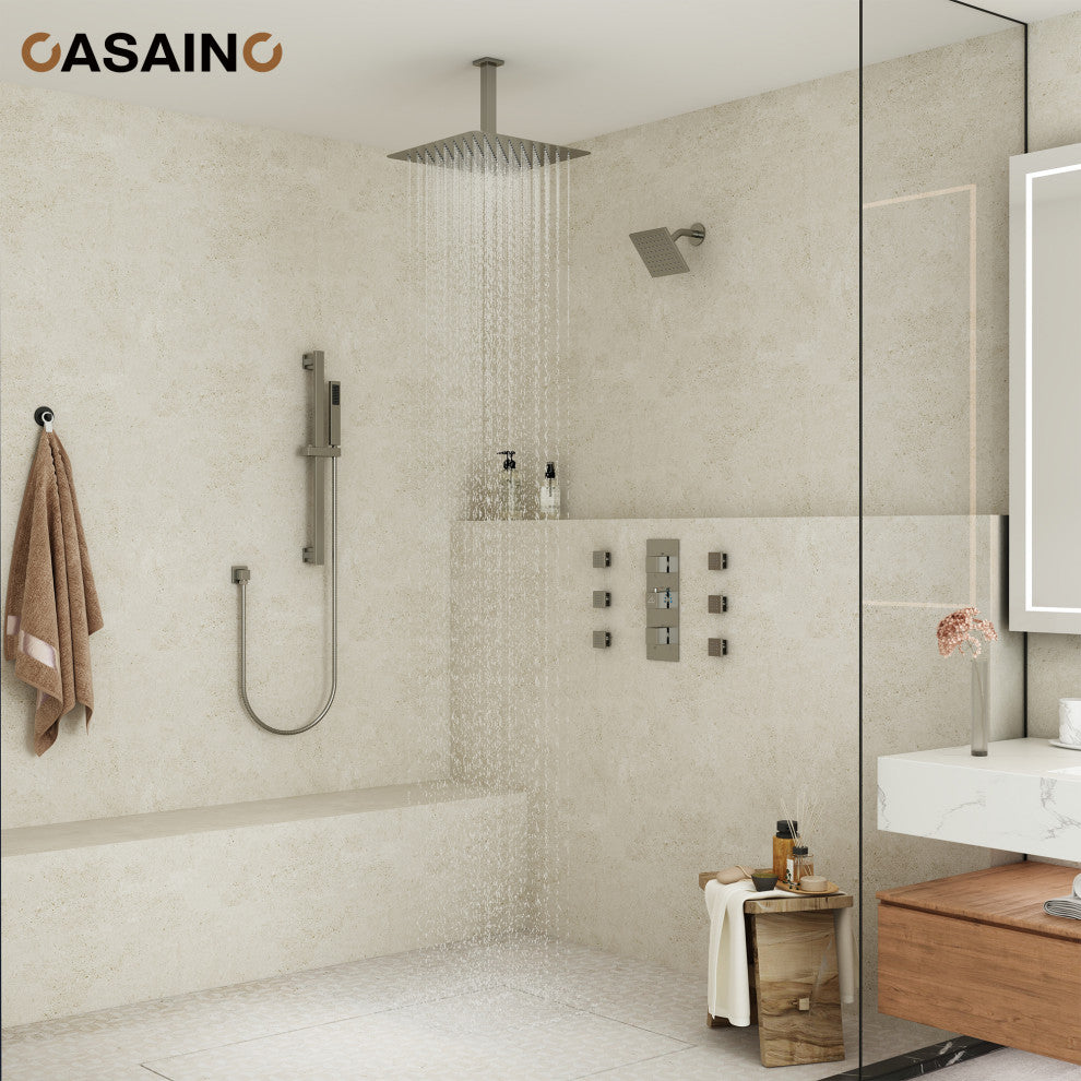 16inch Deluxe Showerhead Dual Shower Head System With Slide Bar and 6 Body Jets, Brushed Nickel