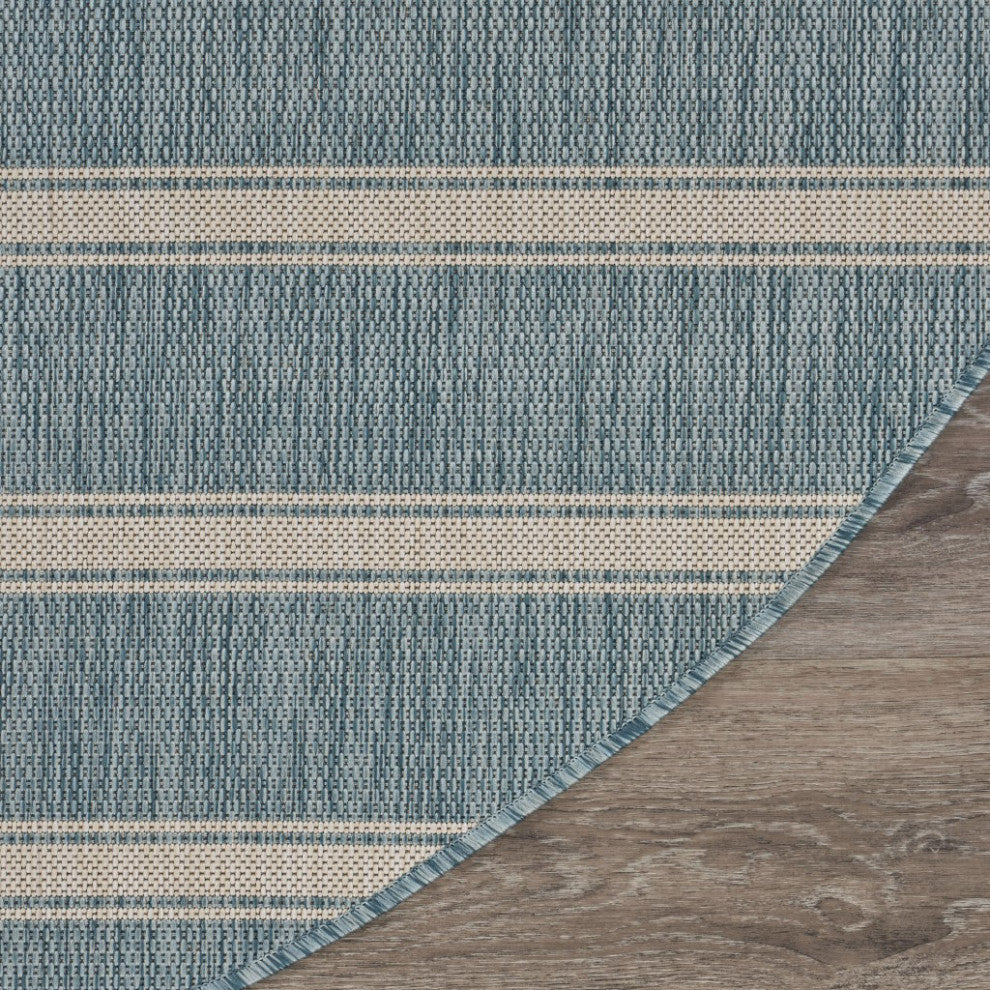 8" Round Teal Striped Indoor Outdoor Area Rug