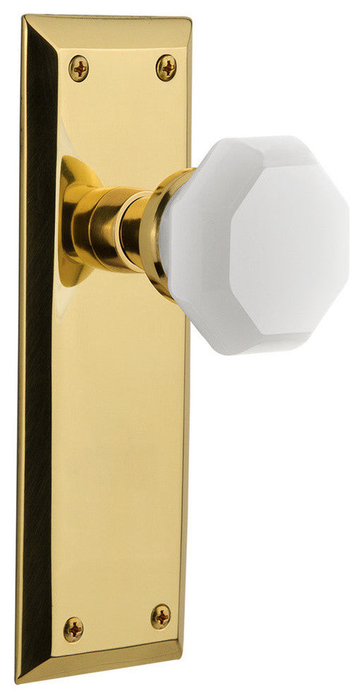New York Plate Double Dummy Waldorf White Milk Glass Knob, Unlacquered Brass