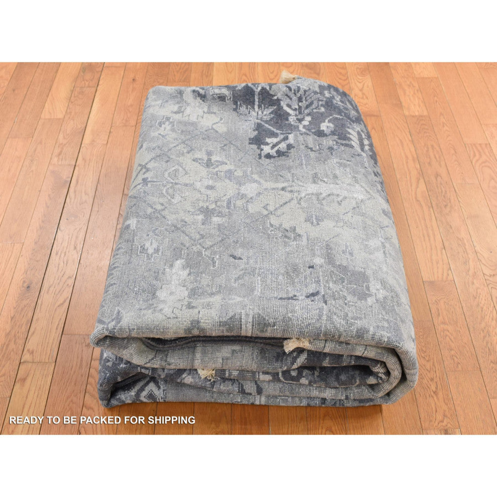 Gray Wool And Silk Broken and Erased Heriz Design Hand Knotted Rug 9'x11'10"