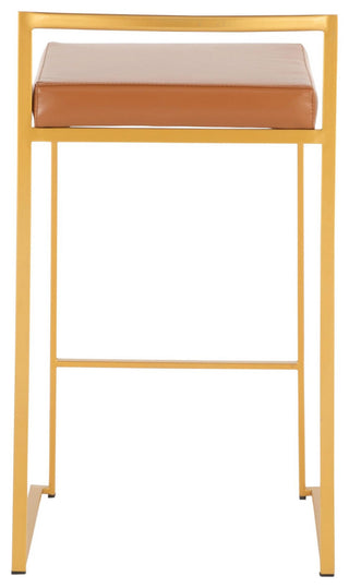 Fuji Stackable Stool, Gold With Camel Faux Leather, Set of 2, Counter Stool