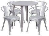 Commercial Grade 30" Round Silver Metal Indoor-Outdoor Table Set, 4 Arm Chairs