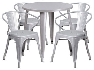 Commercial Grade 30" Round Silver Metal Indoor-Outdoor Table Set, 4 Arm Chairs