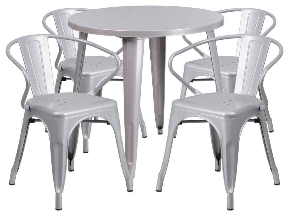 Commercial Grade 30" Round Silver Metal Indoor-Outdoor Table Set, 4 Arm Chairs