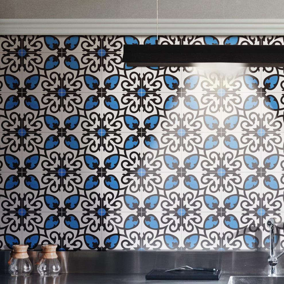 Agadir Handmade Cement Tile, Black/Blue/White, Sample