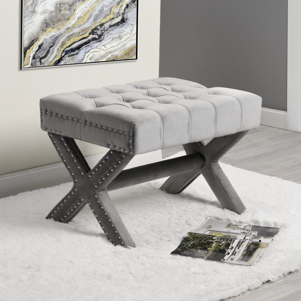 Paola Velvet Button Tufted Silver Nailhead Trim X-Leg Ottoman, Light Gray
