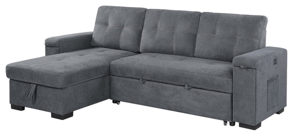 Toby Woven Fabric Reversible Sleeper Sectional With Storage, Cupholder, Gray