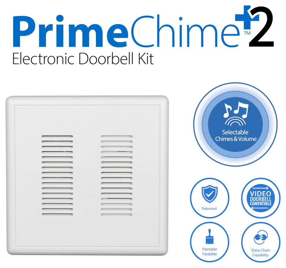 PrimeChime Plus 2 - Video Compatible Doorbell Chime Kit, Polished Brass, Stucco Button