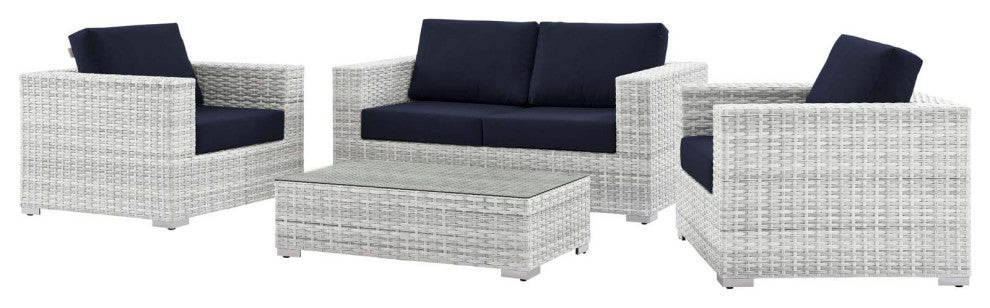 Lounge Sectional Sofa Chair Set, Rattan, Wicker, Gray Blue Navy, Outdoor