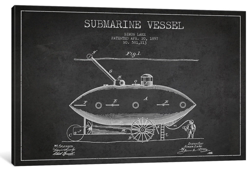 "Submarine Vessel Charcoal Patent Blueprint" by Aged Pixel, 26x18x1.5