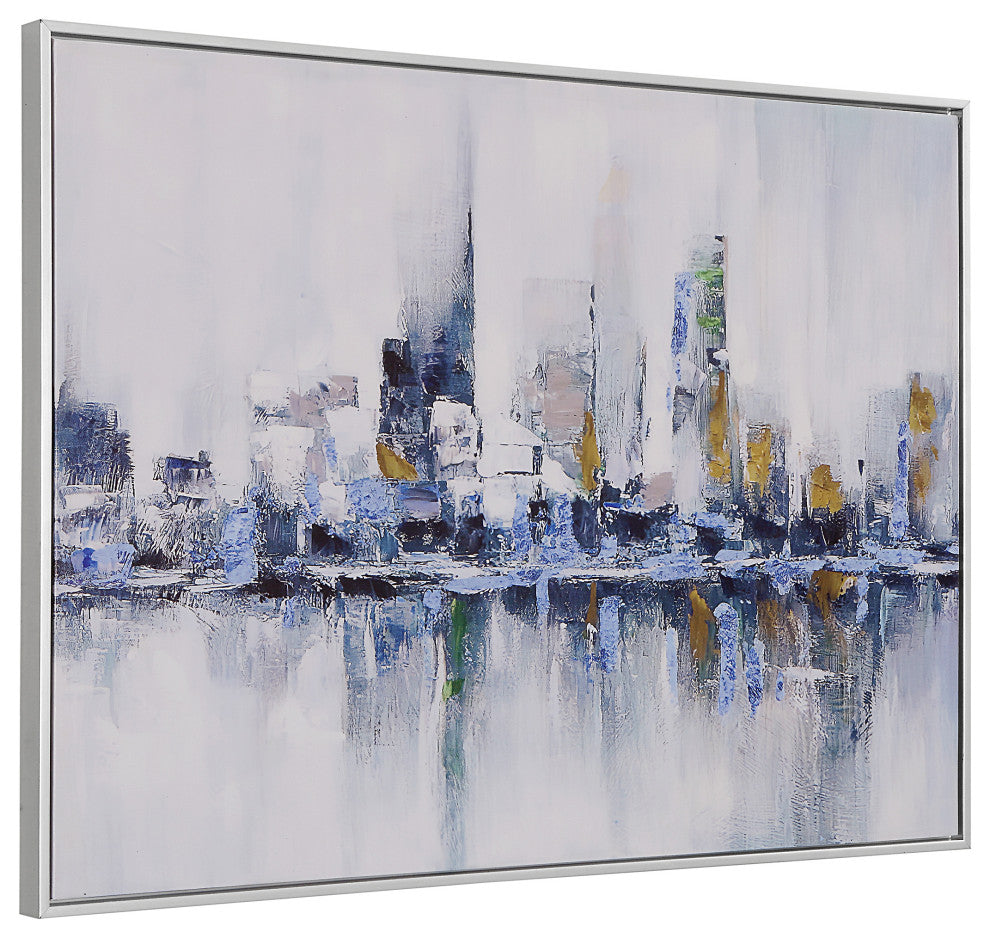 Cityscape Abstract Wall Art 24x32 With Silver Frame, Teal