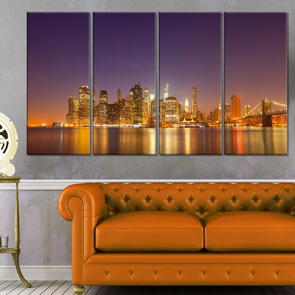 "Illuminated Nyc Downtown Buildings" Canvas Print48"x28", 4-Panels