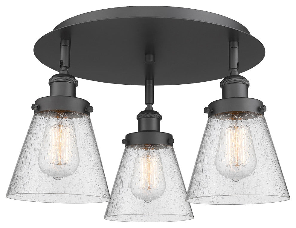 Cone-3 Light 18" Flush Mount-Matte Black, Seedy Glass Shade