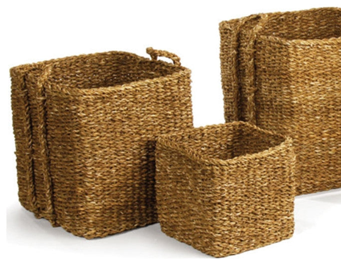 Set of 4 Square Woven Sea Grass Storage Baskets Large Natural Handles 21 17 15in