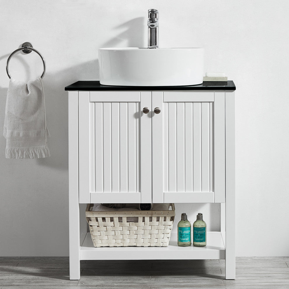 28"? Vanity in White with Glass Countertop with White Vessel Sink Without Mirror