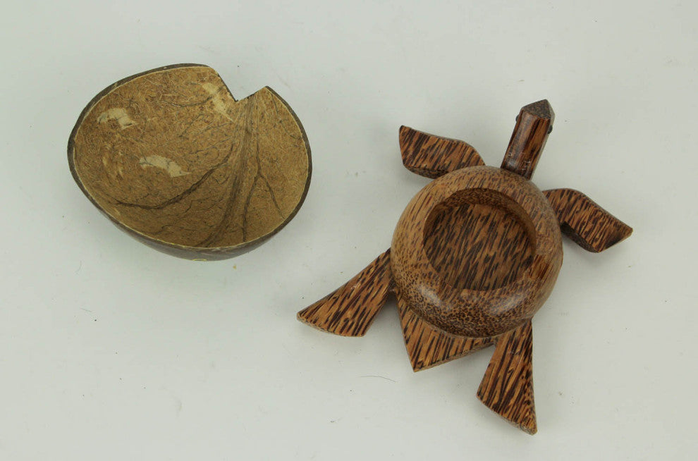 Carved Turtle Trinket Box With Hand Painted Coconut Shell Lid