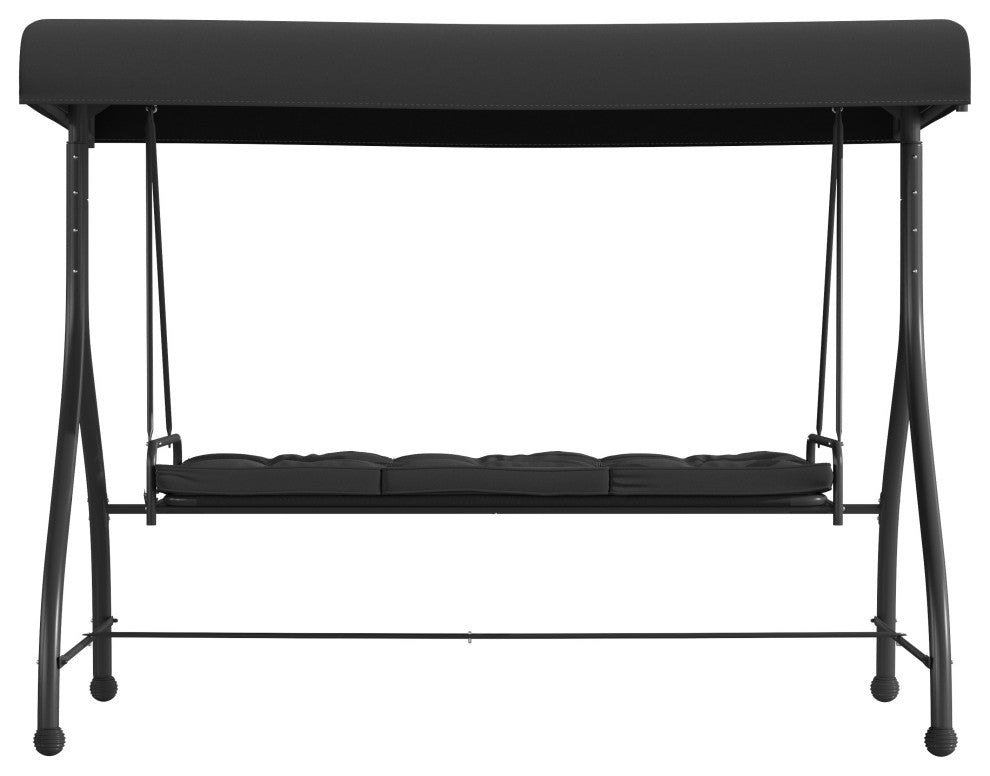 3-Seat Outdoor Steel Converting Patio Swing Canopy Hammock With Cushions, Black