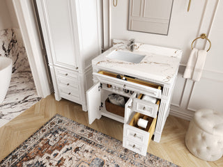 Paris 36" Left Offset Bathroom Vanity, White 2" Calacatta Laza