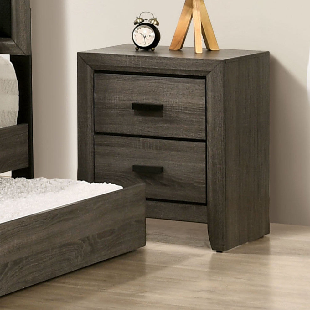 Cottage Nightstand, Beveled Accents & 2 Drawers With Black Pull Handles, Gray