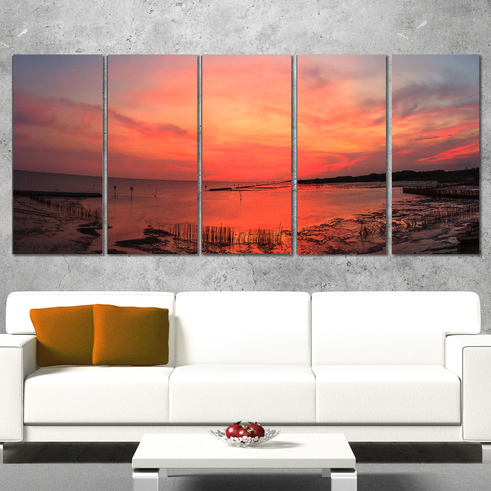 "Outstanding Panorama of Sunset in Sea" Seascape Art Canvas, 5 Panels, 60"x28"