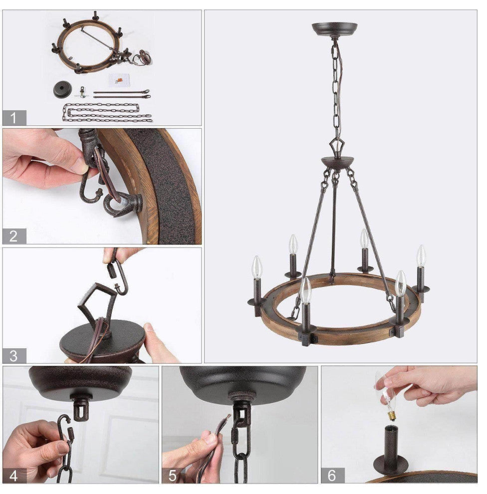 LNC 6-Light Farmhouse Distressed Wood Candle-Style Wagon Wheel Chandelier