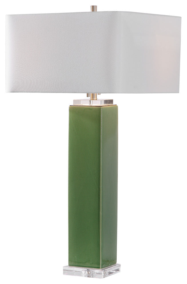 Lush Green Square Cylinder Column Table Lamp, Ceramic Organic Tropical White