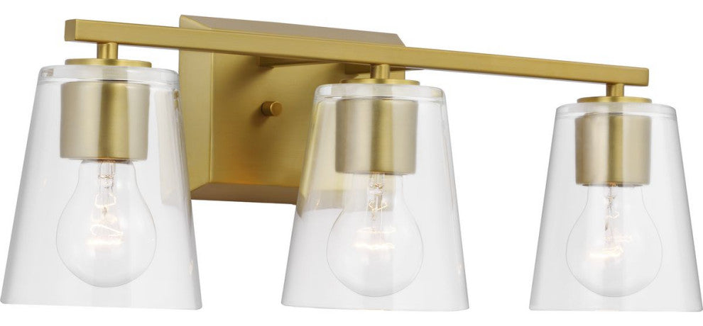 Vertex Collection Three-Light Brushed Gold Clear Glass Contemporary Bath Light