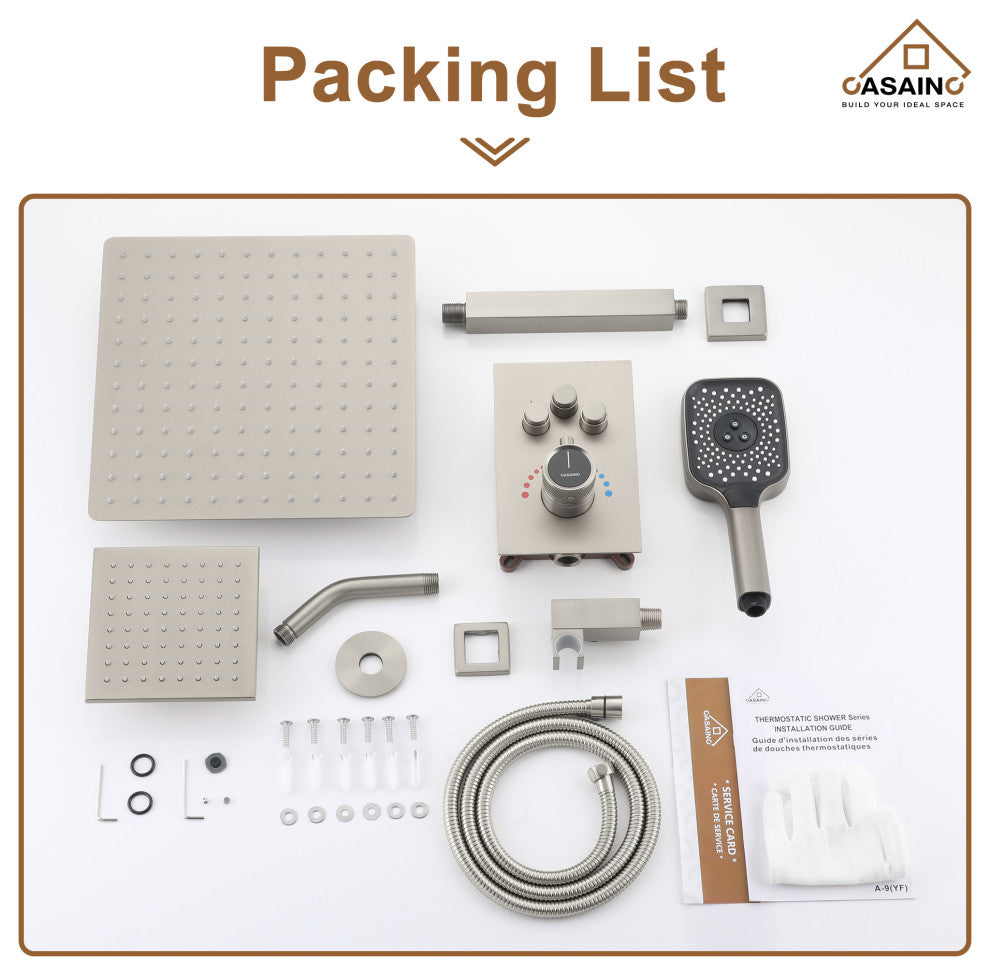 CASAINC 12" Ceiling Mounted Rainfall Shower System Set w Dual Shower Head, Brushed Nickel