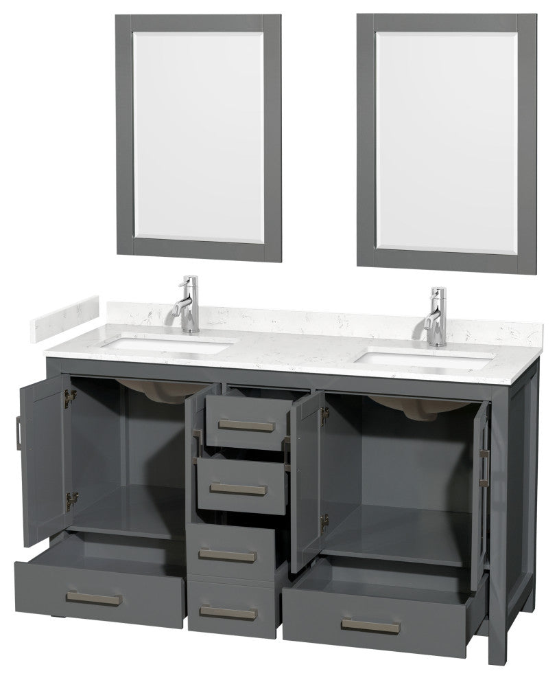 60"DBL Vanity Dark Gray, Carrara Cult. Marble Countertop, Sinks, 24"Mirrors
