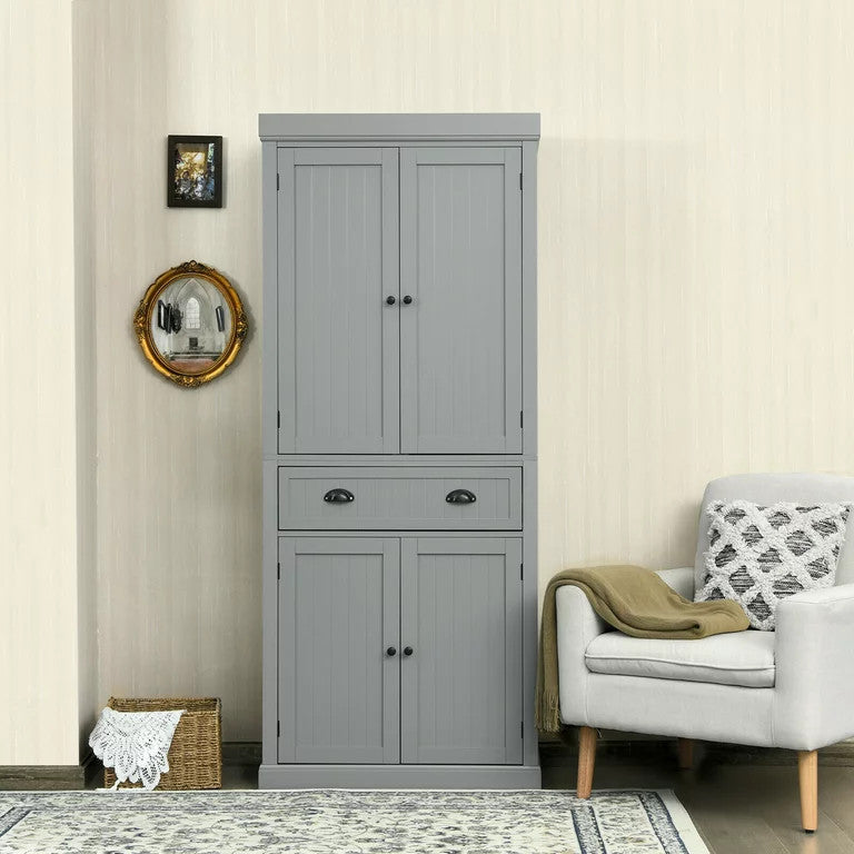 Traditional Pantry Cabinet, 2 Large Doors With Drawer & Pull Handles, Grey