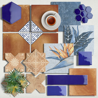Sentier des Ocres Deco Blue Porcelain Floor and Wall Tile, Deco